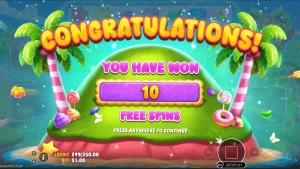 Tampilan visual slot Candy Rush dengan grid 7x7 penuh permen warna-warni