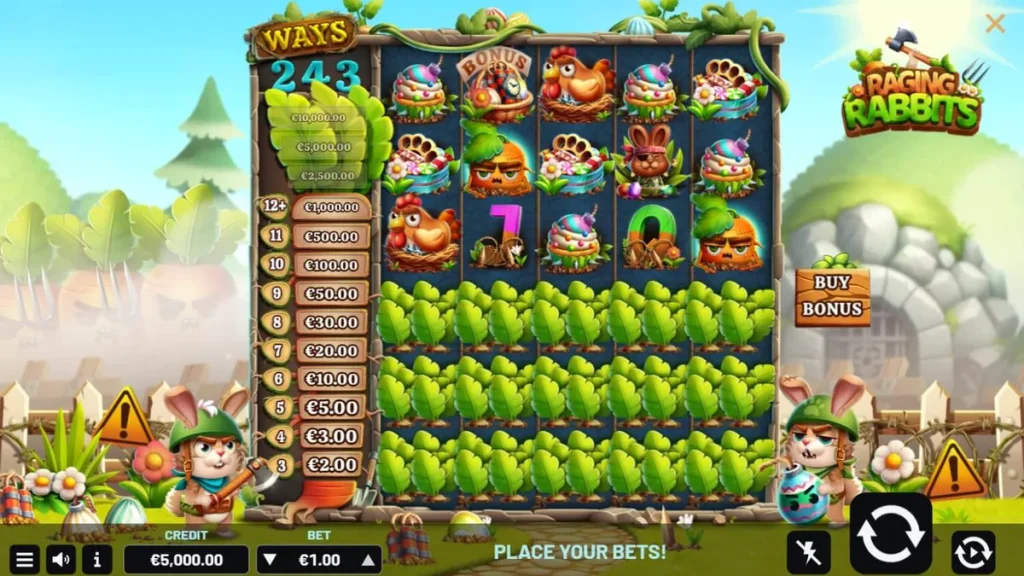 Karakter kelinci pejuang dalam slot Raging Rabbits dengan latar belakang medan perang kartun.
