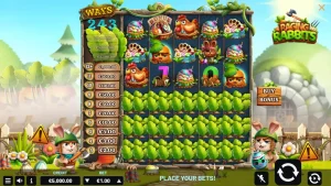 Karakter kelinci pejuang dalam slot Raging Rabbits dengan latar belakang medan perang kartun.